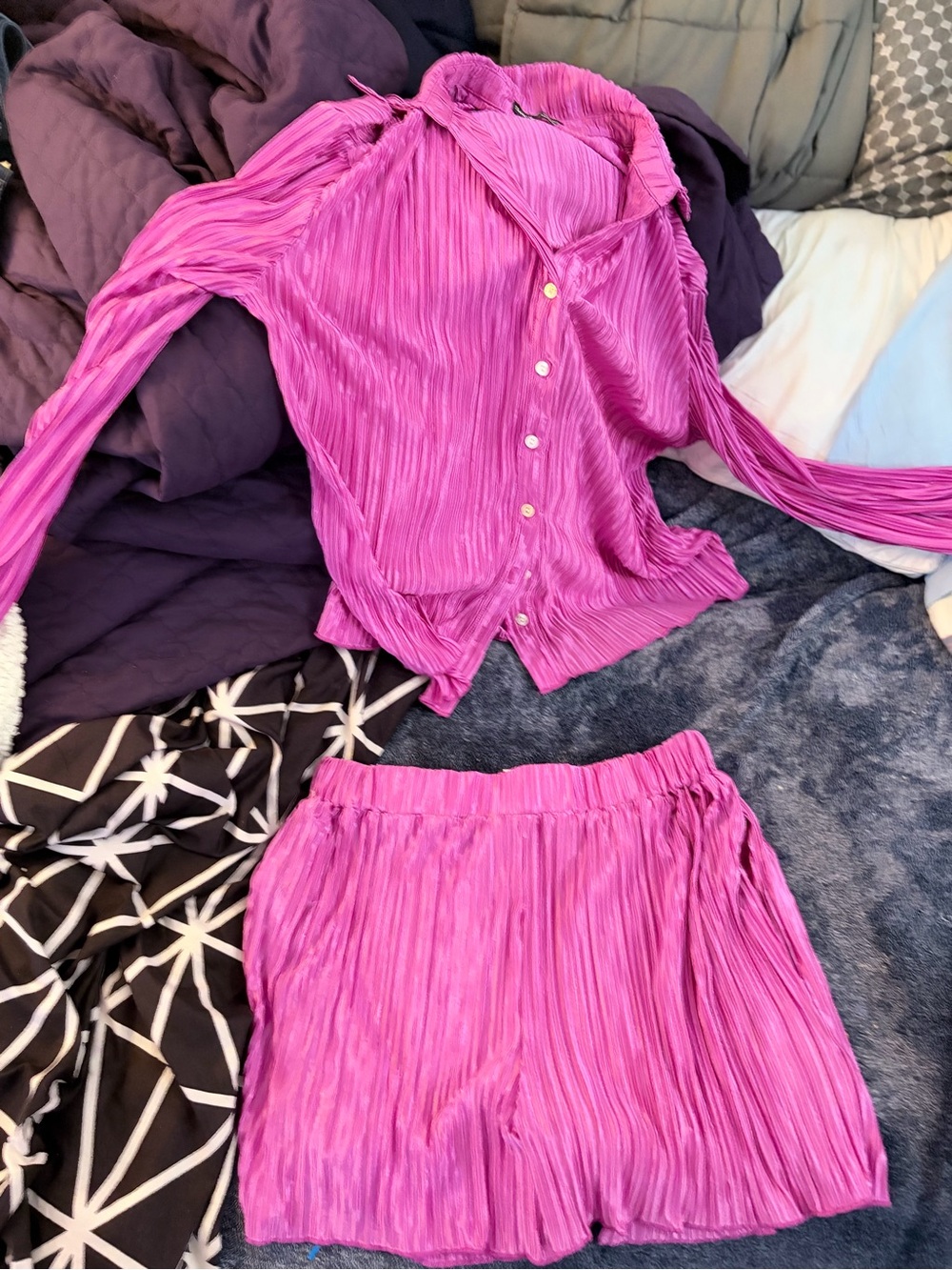 SHEIN Hot Pink Pleated Satin-Look Pajama Set